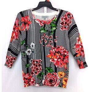 Joseph A Sweater Womens Medium Black White Striped Floral Lightweight Top NWT